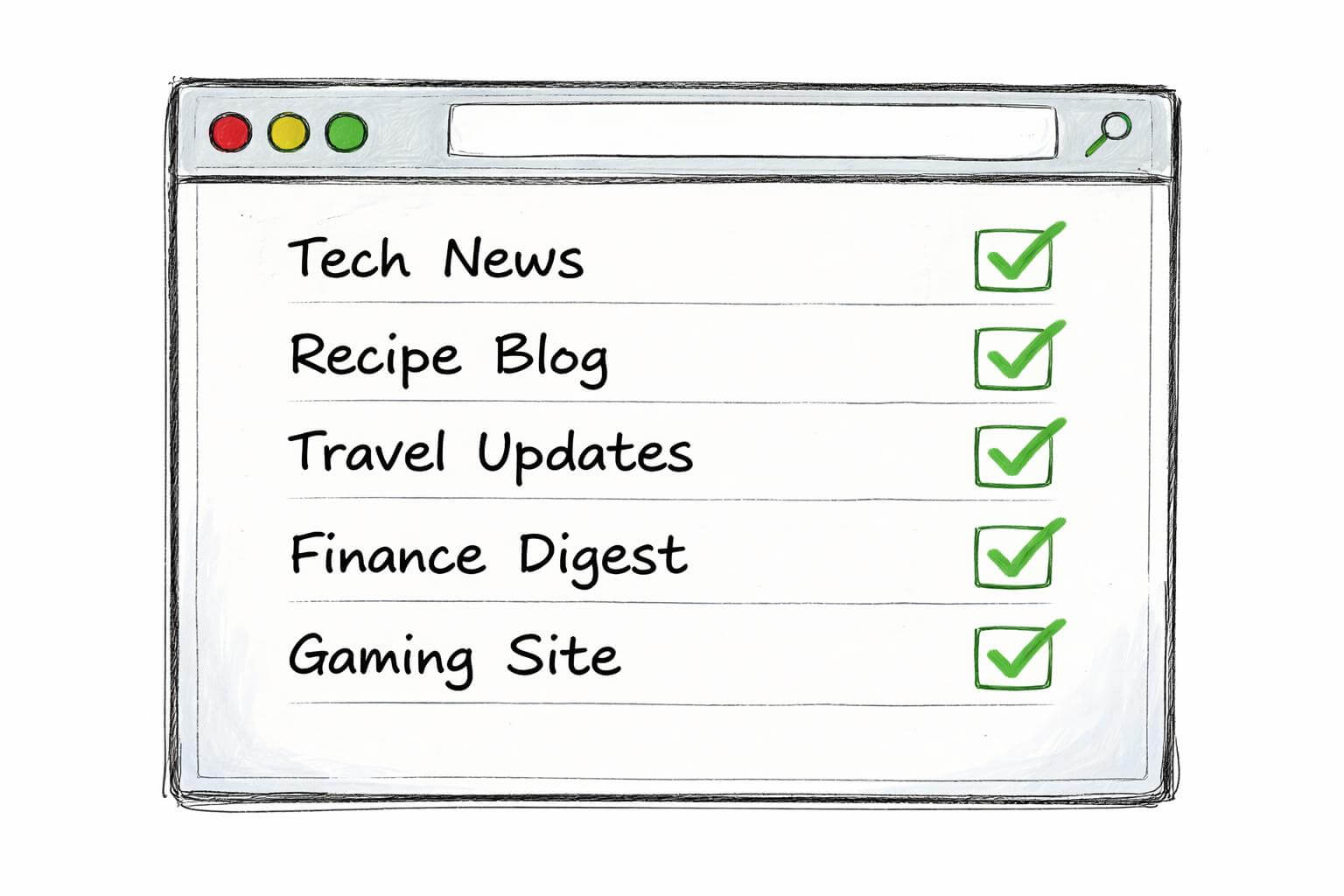 An RSS feed directory verifies listed feeds in a browser window where Tech News, Recipe Blog, Travel Updates, Finance Digest, and Gaming Site each carry a green check mark.