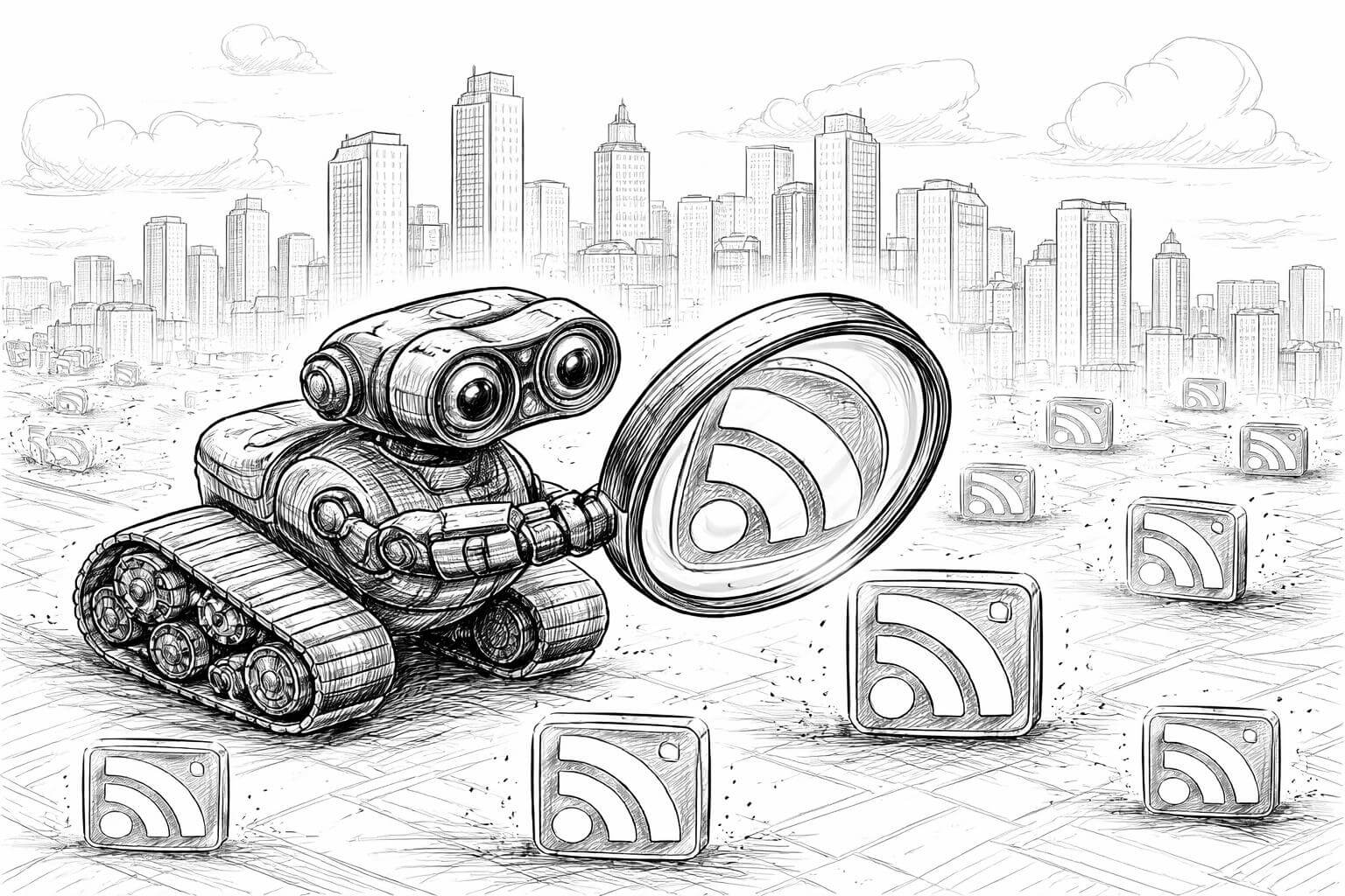 A crawler robot discovers free RSS feeds by magnifying scattered RSS icons on a plaza beneath a city skyline.