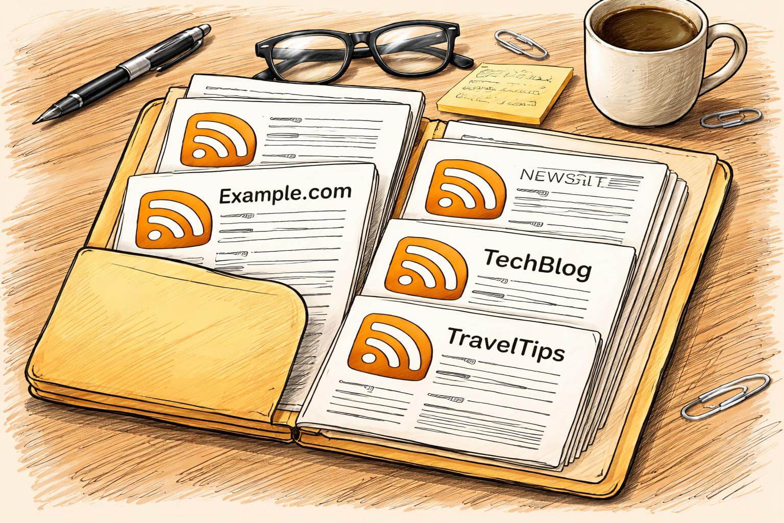 An RSS directory organizes feed sources in an open folder of printed pages labeled Example.com, TechBlog, and TravelTips beside orange RSS icons.