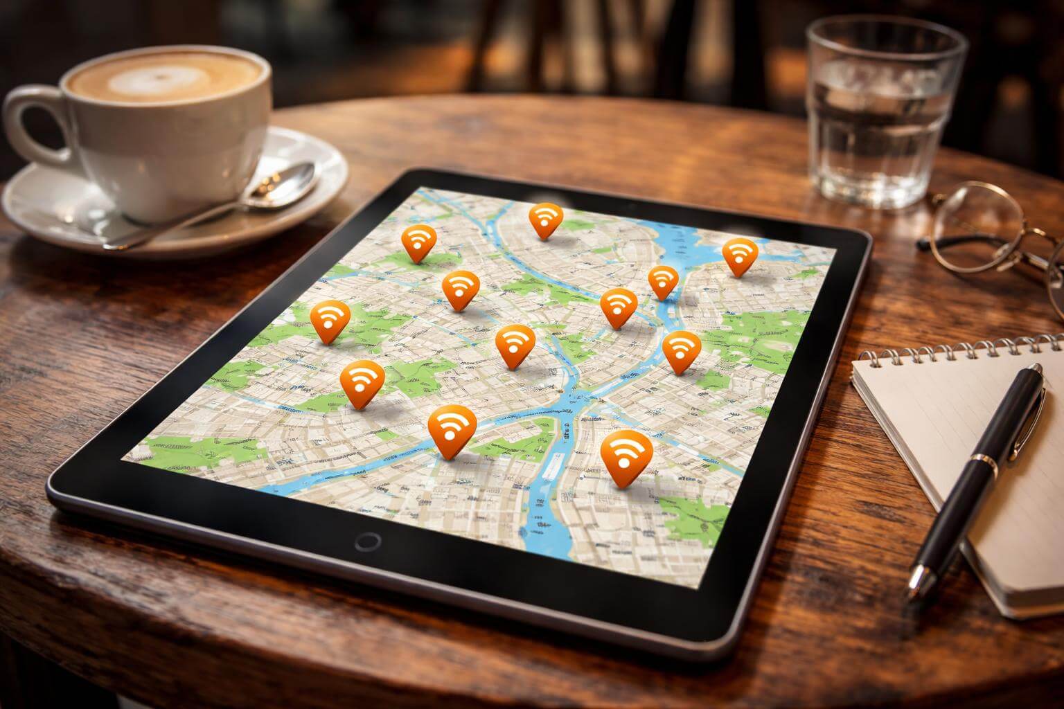 An RSS feed directory maps local feeds by city on a tablet showing orange RSS pin markers across a street map.