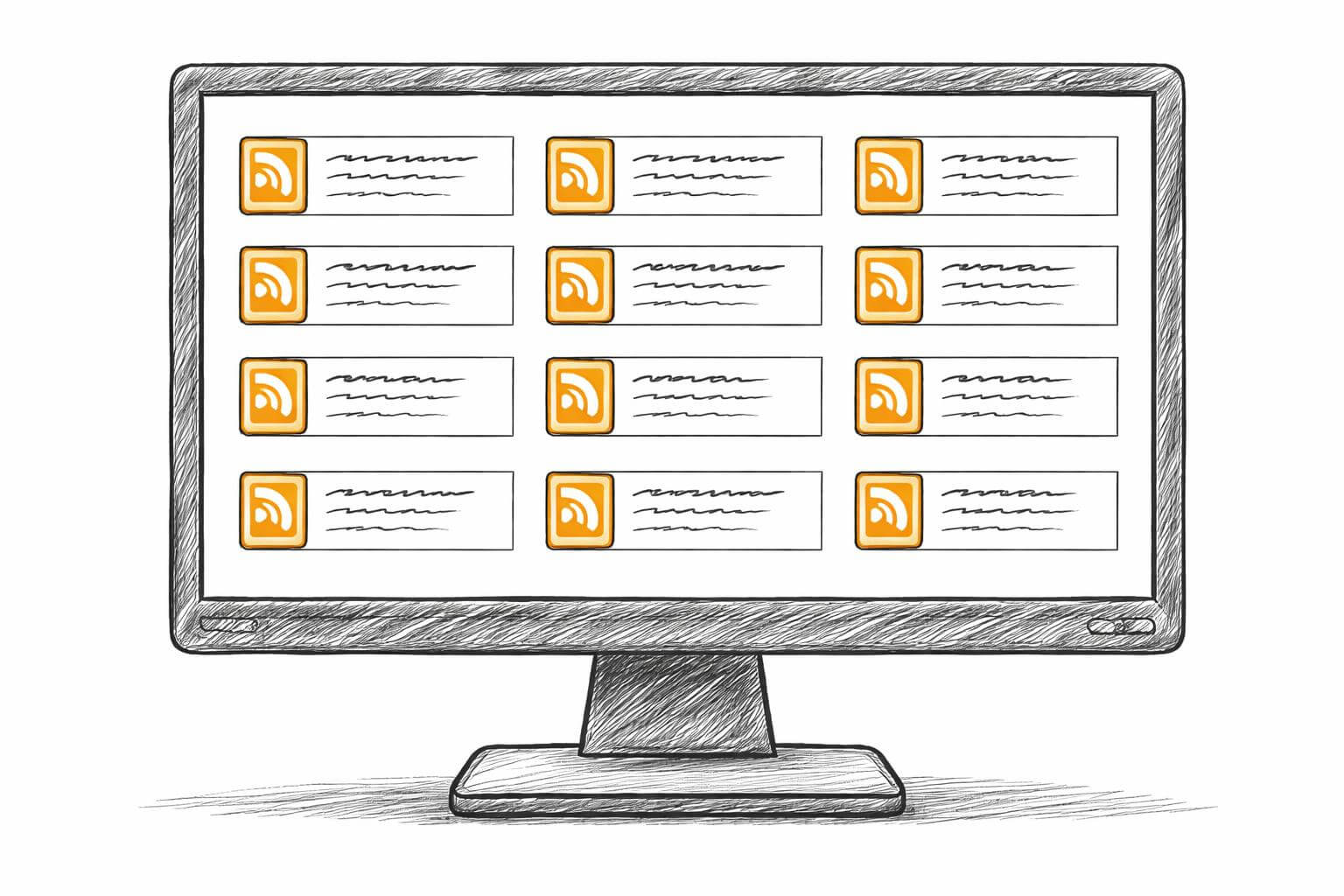 An RSS reader manages multiple feeds in one interface on a desktop monitor tiling twelve orange RSS icons beside article summaries.